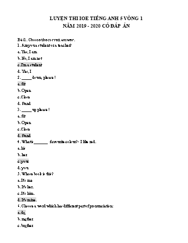 Đề luyện thi IOE Lớp 5 - Vòng 1 - Năm học 2019-2020 (Có đáp án)