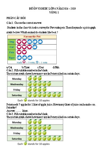 Đề ôn tập Tiếng Anh VioEdu Lớp 4 - Vòng 1 - Interpret pictographs - Năm học 2024-2025 (Có đáp án)