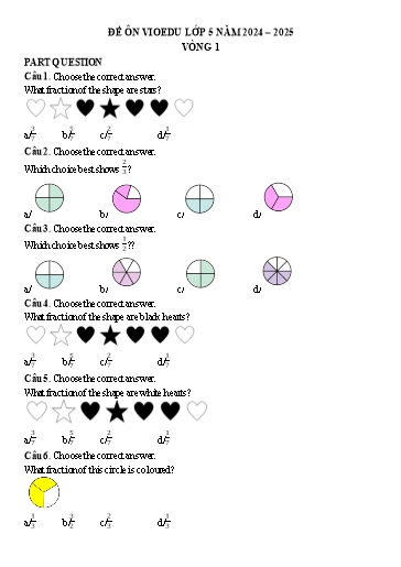 Đề ôn tập Tiếng Anh VioEdu Lớp 5 - Vòng 1 - Fraction review relate division and fractions equivalent fractions - Năm học 2024-2025 (Có đáp án)