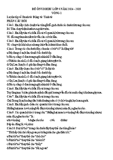 Đề ôn tập Tiếng Việt VioEdu Lớp 5 - Vòng 1 - Luyện tập về danh từ, động từ, tính từ - Năm học 2024-2025 (Có đáp án)