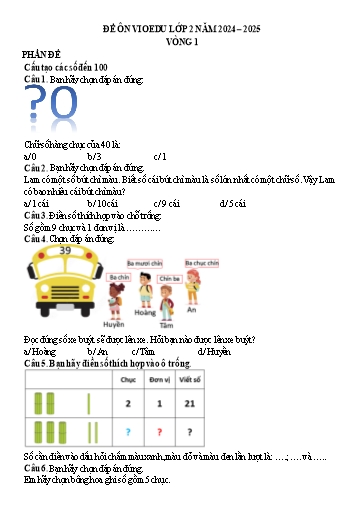 Đề ôn tập Toán VioEdu Lớp 2 - Vòng 1 - Cấu tạo các số đến 100 - Năm học 2024-2025 (Có đáp án)