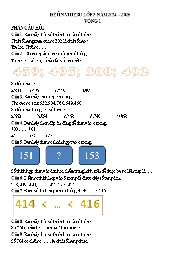 Đề ôn tập Toán VioEdu Lớp 3 - Vòng 1 - Ôn tập các số đến 1000 - Năm học 2024-2025 (Có đáp án)