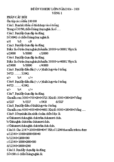 Đề ôn tập Toán VioEdu Lớp 4 - Vòng 1 - Ôn tập các số đến 100000 - Năm học 2024-2025 (Có đáp án)