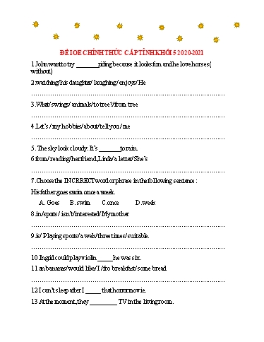 Đề thi chính thức IOE cấp tỉnh Lớp 5 - Năm học 2020-2021 (Có đáp án)