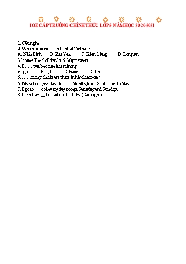 Đề thi chính thức IOE cấp trường Lớp 5 - Năm học 2020-2021 (Có đáp án)